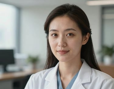 A professional portrait of a female specialist, focusing on eye contact and a reassuring expression, set against a blurred office backdrop with soft natural lighting.