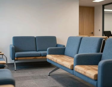 A serene photograph of a professional waiting area in a Danish office, featuring modern furniture in steel blue and natural materials, creating a welcoming and secure atmosphere.