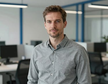 A professional portrait of a specialist in a Northern European office setting, wearing professional attire in soft gray, with a blurred background showing a clean, modern workspace with steel blue accents.