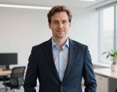 A portrait of a male consultant in a bright, modern Danish office, conveying authority and calmness, using a professional color palette of navy and soft white.