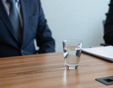 A close-up photograph of a professional meeting table in a Danish office, featuring high-quality wooden surfaces, a glass of water, and a notepad, with soft morning light and a color palette of deep navy blue and pale sky blue.