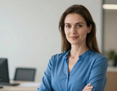 A portrait of a female consultant in a Northern European professional environment, wearing a steel blue blouse, looking confident and approachable, soft lighting, clean composition.