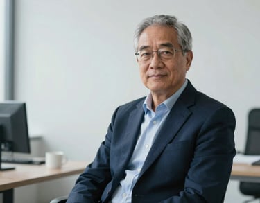 A professional portrait of a senior consultant in a minimalist office, with soft lighting and a focus on reliability and expertise, using a palette of soft white and deep navy blue.