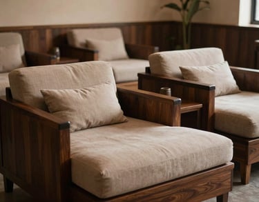 A serene relaxation lounge with comfortable beige seating, dark wood accents, and a tranquil South Asian aesthetic.
