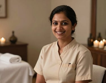 Portrait of a professional South Asian spa therapist in a clean, elegant beige uniform, smiling warmly in a luxury wellness center.
