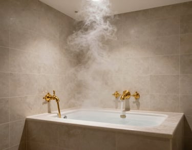 A private steam bath room with light beige tiles, elegant gold fixtures, and soft steam rising in the light.