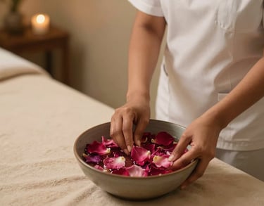 Portrait of a female South Asian spa therapist preparing a bowl of rose petals and water in a tranquil beige wellness room.