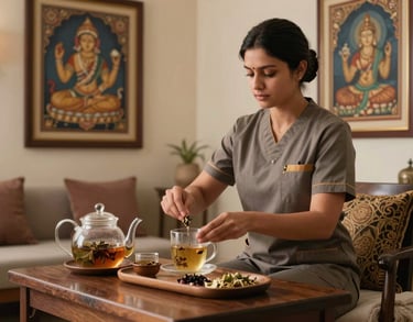 A professional therapist in a luxury spa uniform preparing herbal tea in a serene lounge area with South Asian art.