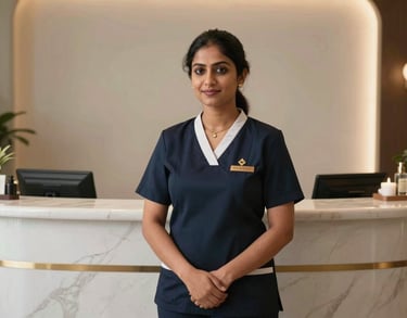 Portrait of a female South Asian spa manager in professional attire standing in front of an elegant, modern wellness reception desk.