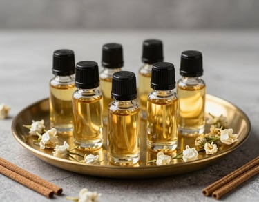 A display of premium aroma oils in glass bottles on a gold tray, surrounded by dried jasmine and incense sticks.