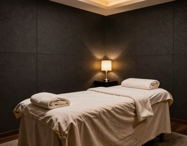 Luxury spa room interior with a massage table, dark charcoal wall panels, and soft beige linens, illuminated by warm gold lamps.