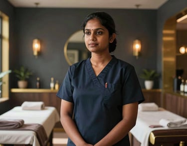 Portrait of a calm South Asian wellness professional standing in a sunlit spa lobby with gold accents and dark charcoal decor.