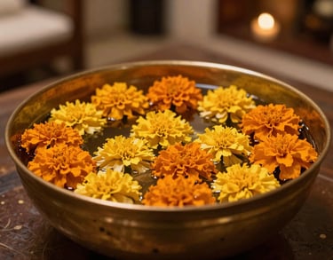 Close up of a traditional South Asian brass bowl filled with water and floating marigold flowers in a spa reception area.