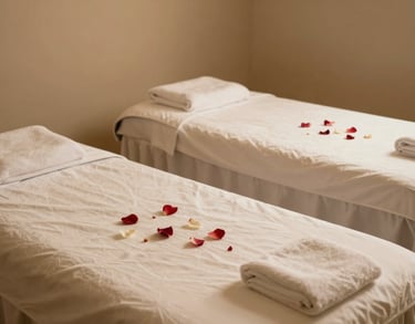 Two neatly arranged massage beds in a couple spa suite with decorative petals and warm, professional ambient lighting.
