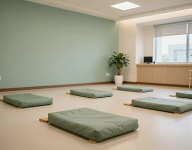 A tranquil mindfulness room in a North American healthcare center, with floor cushions, soft diffuse lighting, and a palette of sage green and cream.