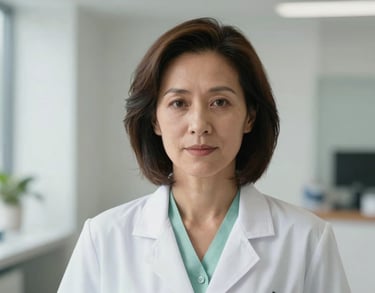 Professional headshot of a female physician in her 40s, wearing a white coat over a light green shirt, in a bright North American clinic setting.