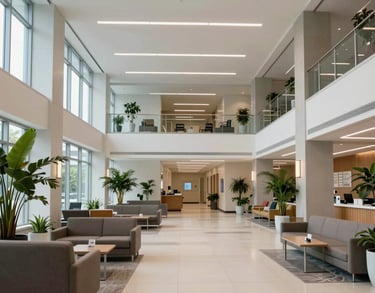 Wide shot of a modern North American healthcare lobby with high ceilings, large windows, and an abundance of indoor plants and comfortable seating.