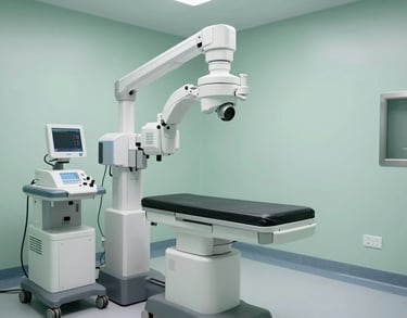 A state-of-the-art diagnostic room with clean lines, soft green and white tones, and high-end medical equipment in a North American facility.