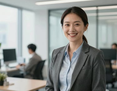 Professional portrait of a healthcare administrator in a bright, modern North American office, wearing professional attire and smiling warmly.