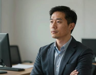 Headshot of a mindfulness coach in a soft-lit, serene North American office, conveying calm, professional expertise and empathy.