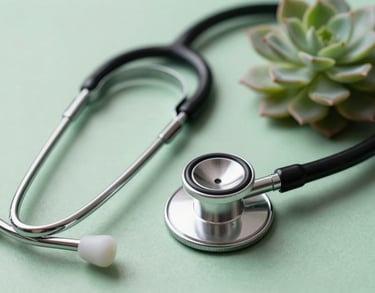 Close-up photography of a stethoscope lying on a clean, light green surface next to a small succulent plant, representing modern medicine and nature.