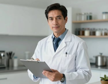 Professional portrait of a male nutritionist in a bright, modern clinic kitchen, wearing professional attire and holding a clipboard.