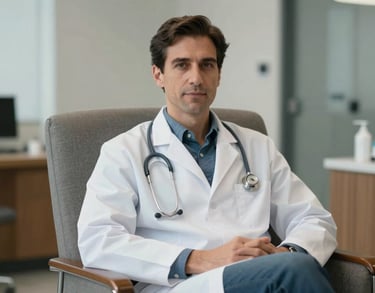Portrait of a male clinical therapist in a professional North American medical office, sitting comfortably in a modern armchair with soft lighting.