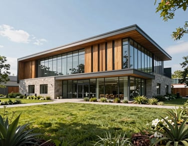 Exterior of a modern, eco-friendly medical building in North America, featuring glass, wood, and stone architecture surrounded by lush green landscaping.