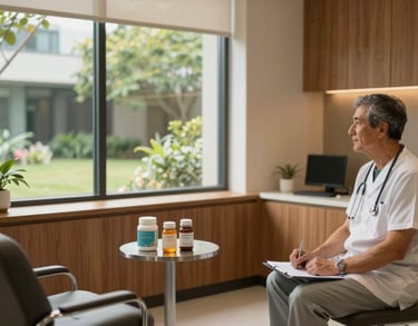 A high-end nutrition consultation room in a North American medical clinic, featuring warm wood accents, natural lighting, and a window looking out to a garden.
