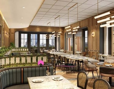 a restaurant with a long table and chairs