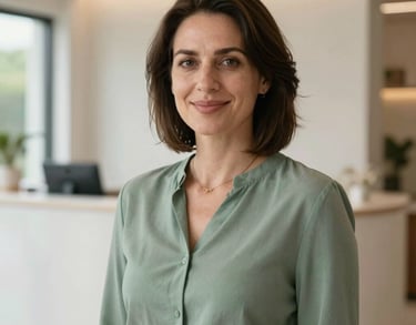 A professional portrait of a woman with a kind expression, wearing a sage green blouse, standing in a bright, modern reception area of a lifestyle village.