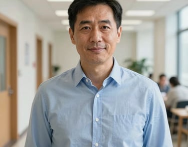 A professional portrait of a man in his late 40s wearing a light blue button-down shirt, looking helpful and friendly, in a bright community center hallway.