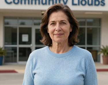 A professional portrait of a woman in her 50s with a kind, trustworthy face, wearing a pale blue sweater and standing in front of a community clubhouse.