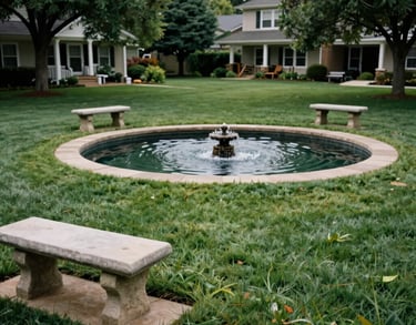 Wide-angle photograph of a North American / US manicured lawn area with a small decorative pond and stone benches, evoking a sense of calm and community peace.