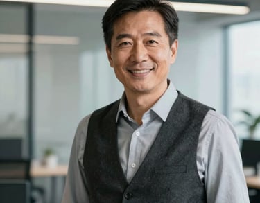 A professional portrait of a man in his 50s wearing a charcoal vest over a light gray shirt, smiling professionally in a modern office with natural light.