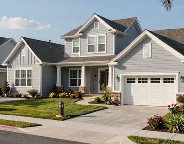 A sunny North American / US residential street within a gated community showing elegant single-story homes with pale gray siding and well-kept front gardens.