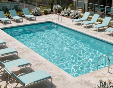 A North American / US lifestyle village swimming pool with turquoise water and light blue lounge chairs, surrounded by glass fencing and silver-sage landscaping.