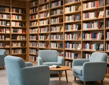 A cozy, modern indoor library with large comfortable armchairs in light blue and floor-to-ceiling bookshelves, featuring warm, soft lighting for a quiet reading space.
