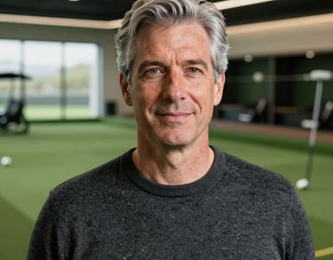 A professional headshot of an approachable man in his 50s with silver-gray hair, wearing a professional charcoal sweater, set against a clean, modern clubhouse interior.