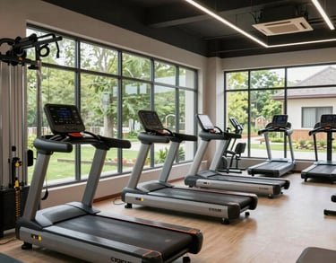 The interior of a high-end village fitness center with modern equipment, large windows showing green trees, and a clean, spacious layout for senior exercise.