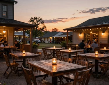 An outdoor dining terrace at sunset in a North American / US village community, featuring dark wood tables and soft ambient lighting for a warm communal atmosphere.
