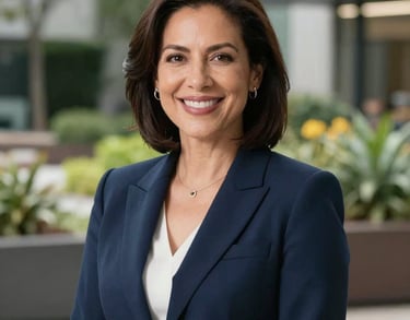 A professional portrait of a woman in her 40s wearing a smart navy blue blazer, smiling warmly in an office setting with a blurred North American / US community garden background.