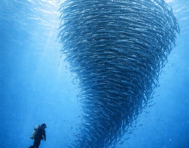 A scuba diver explores a massive swirling tornado school of jack fish in the deep blue ocean.