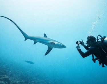 A scuba diver takes a photo of a pelagic thresher shark swimming in deep blue ocean water.