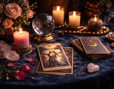 love tarot reading online session with The Lovers card, candles and crystals