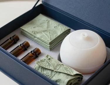 A photorealistic, high-end product shot of a bespoke corporate wellness gift box. Inside the sleek m