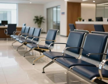 A bright waiting area in a financial firm with premium furniture in steel blue and gold, reflecting a calm and professional atmosphere.