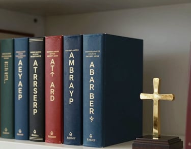 A clean, organized office shelf in a North American financial firm featuring classic leadership books and a small, tasteful decorative cross.