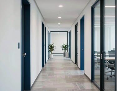 An airy hallway in a modern North American financial office with clean lines, steel blue accents, and a sense of calm professionalism.