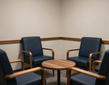A comfortable, private North American consultation room with deep navy chairs and warm wood accents, designed for confidential conversations.
